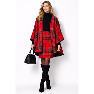 Vintage 1980s Carlisle Red Plaid Wool Skirt & Reversible Cape Set Medium